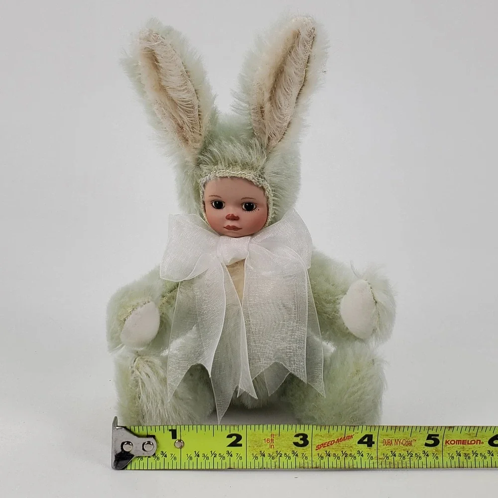 Marie Osmond Porcelain Bunny Doll Mint Green Mohair‎ Knickerbocker 7 inch Seated